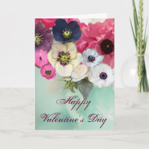 VALENTINE'S DAY WHITE PINK ROSES, ANEMONE FLOWERS HOLIDAY CARD