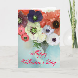 VALENTINE'S DAY WHITE RED ROSES, ANEMONE FLOWERS HOLIDAY CARD
