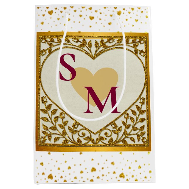 Valentine's Day with Red Initial and Gold Heart Medium Gift Bag (Front)