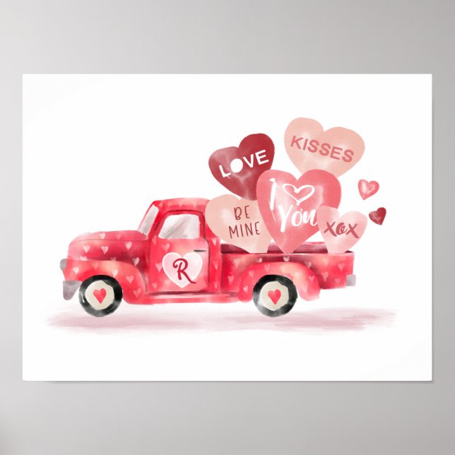 Valentine's Delivery Red Watercolor Truck & Hearts Poster (Front)