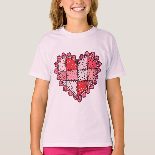 Valentine's Doodle Art Style Patchwork Heart Kids T-Shirt (Front)