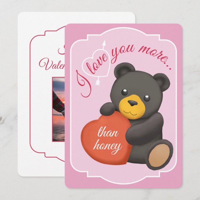 Valentines Flat Card Cute Black Bear (Front/Back)