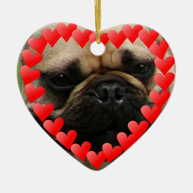 Valentine's French Bulldog heart ornamnet Ceramic Tree Decoration (Front)