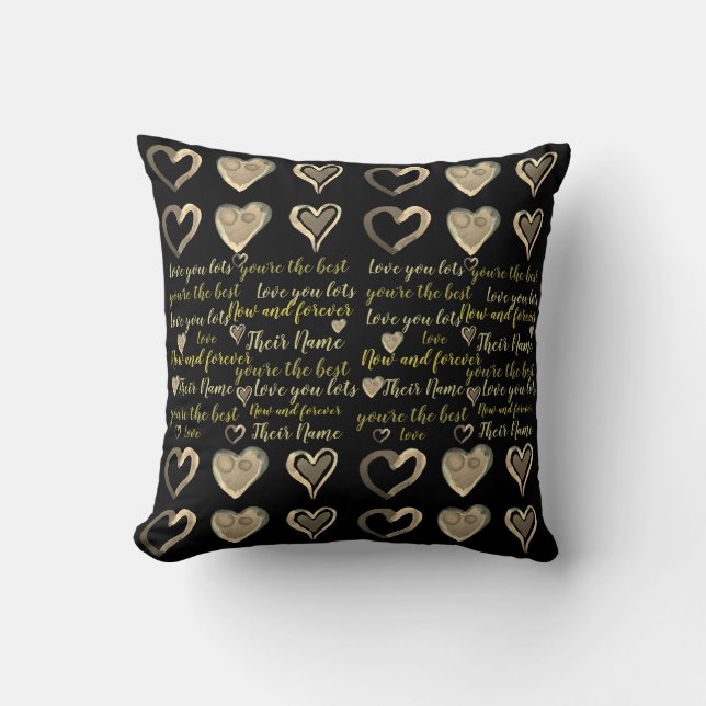Valentines Gift  -Personalised Text Black Gold Cushion (Front)