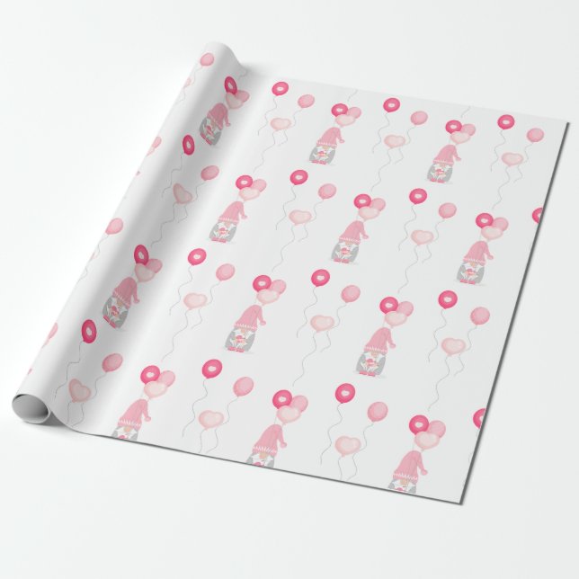 Valentines Gnome Holding Balloons Wrapping Paper (Unrolled)