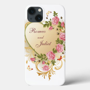 Valentines - Gold Striped Heart with Roses iPhone 13 Case