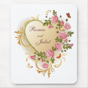 Valentines - Gold Striped Heart with Roses Mouse Pad