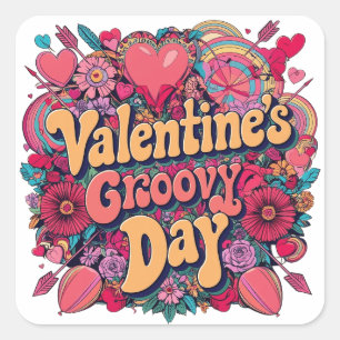 Valentine's groovy day, retro clipart square sticker