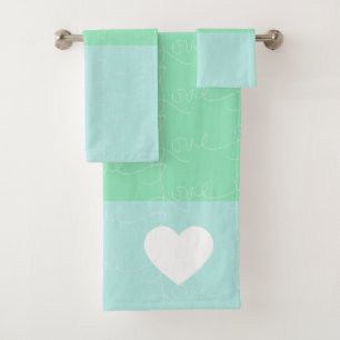 Valentines Heart Hand-Drawn Love Blue Green Bath Towel Set