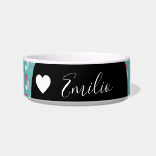 Valentines Heart Love Teal Script Name Pet  Bowl