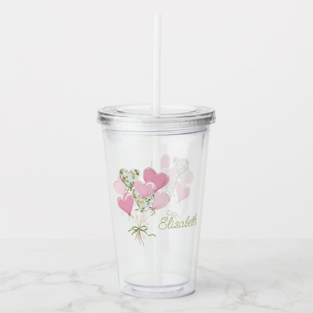 Valentine's Heart Pink and Green Heart Balloons Acrylic Tumbler (Front)