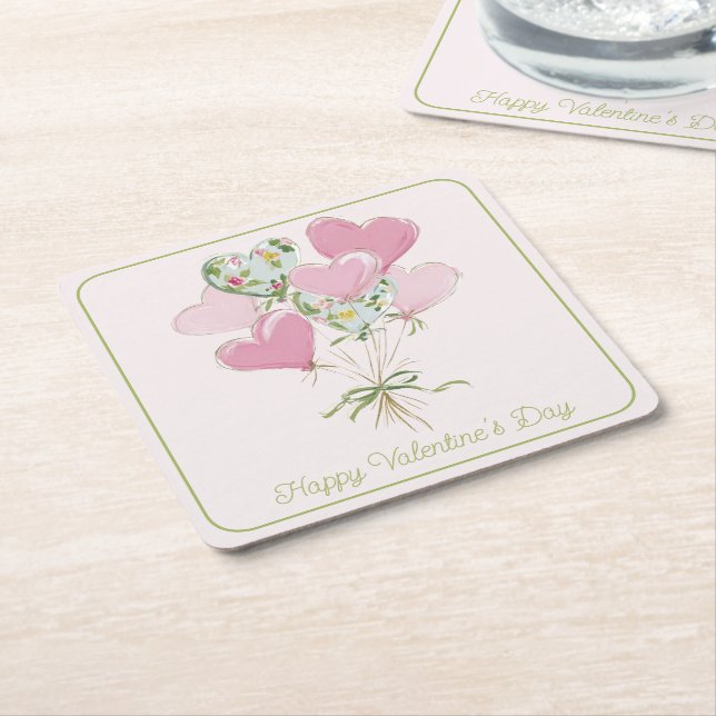 Valentine's Heart Pink and Green Heart Balloons Square Paper Coaster (Angled)