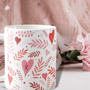 Valentines Heart Pink Red Stylish Pattern Monogram Coffee Mug