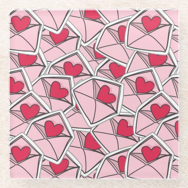 Valentine's Hearts on Envelopes Glass Coaster (Front)