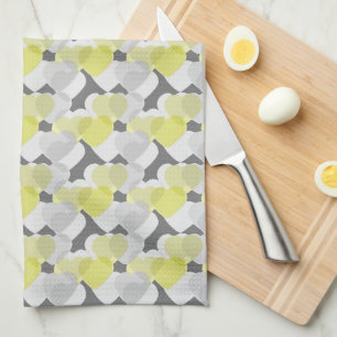 Valentine's Hearts Overlay Yellow and Grey Pattern Tea Towel