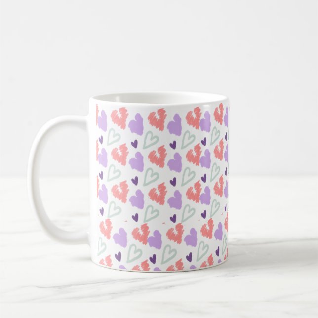 Valentines Hearts Purple Hand Drawn Pattern  Coffee Mug (Left)