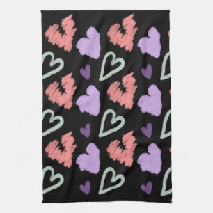 Valentines Hearts Purple Hand Drawn Pattern Tea Towel
