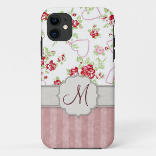 Valentines - Hearts, Roses and Stripes w Monogram Case-Mate iPhone Case