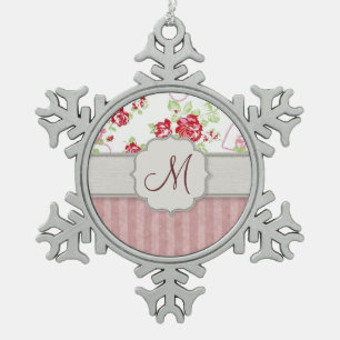 Valentines - Hearts, Roses and Stripes w Monogram Snowflake Pewter Christmas Ornament