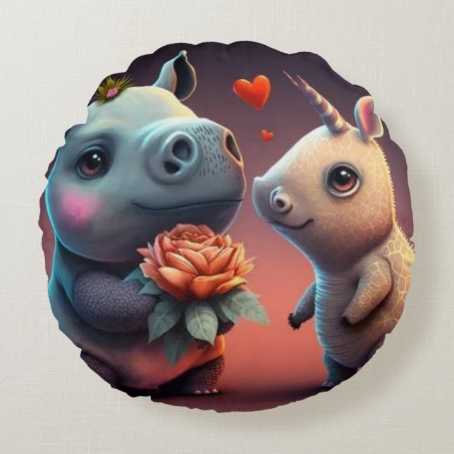 Valentine's hippo cartoon custom    round cushion (Front)