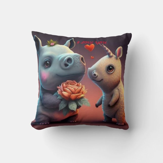 Valentine's hippo cartoon custom  throw pillow (Front)