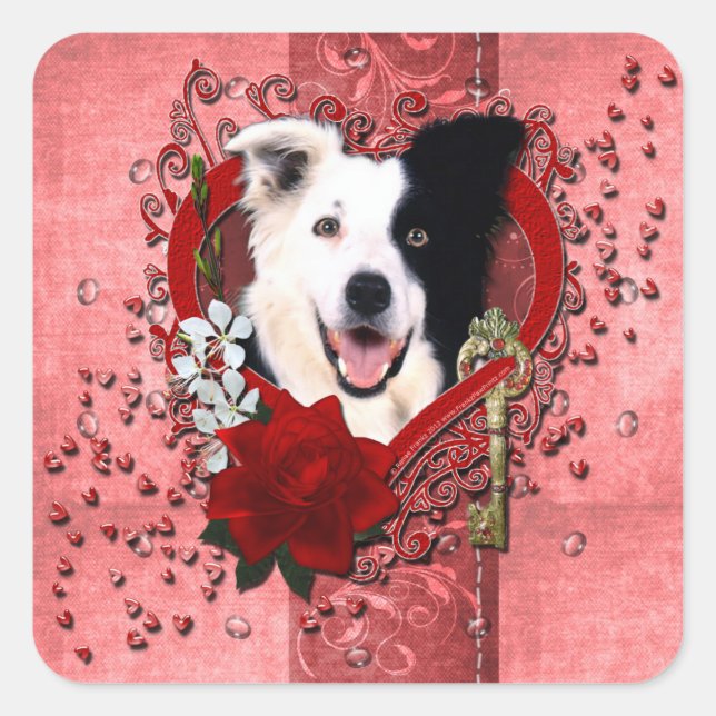 Valentines - Key to My Heart - Border Collie Square Sticker (Front)
