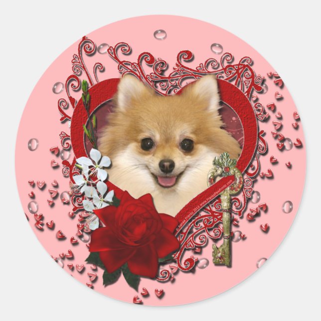 Valentines - Key to My Heart - Pomeranian Classic Round Sticker (Front)