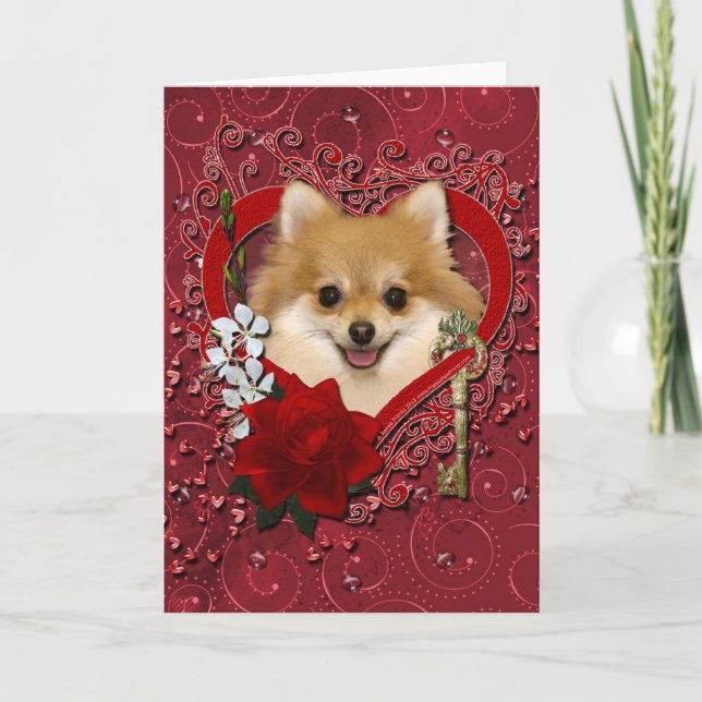 Valentines - Key to My Heart - Pomeranian Holiday Card (Front)