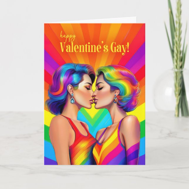 Valentine's Lesbian Couple Rainbow Pop Art Holiday Card (Front)