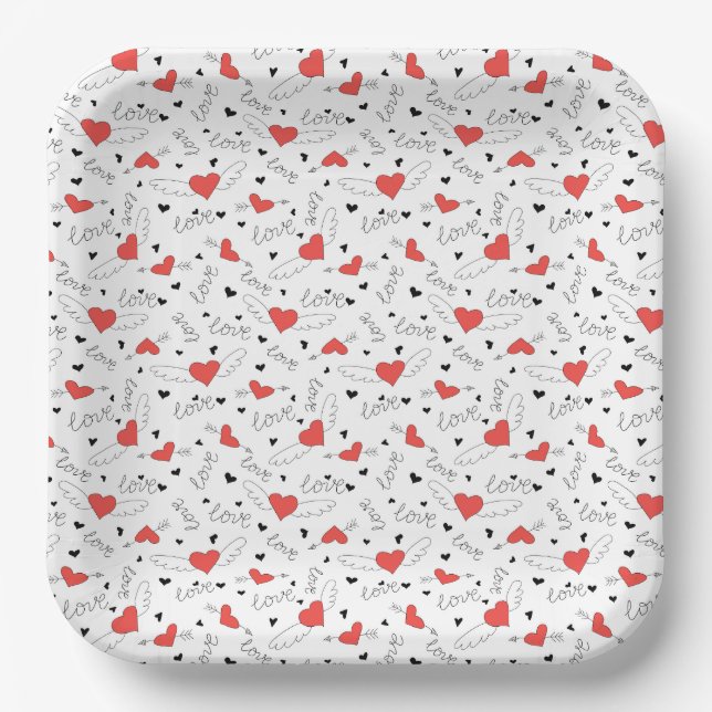 Valentines love bird red heart pattern paper plate (Front)