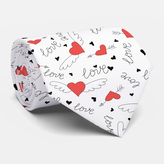 Valentines love bird red heart pattern tie (Rolled)