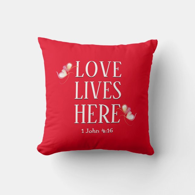 Valentines | LOVE LIVES HERE Custom Text RED Cushion (Front)