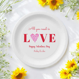 Valentines Love Script Red White  Paper Plate