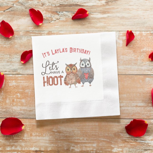 Valentine's Owl Let's Have a Hoot Birthday Party Napkin (Creator Uploaded)