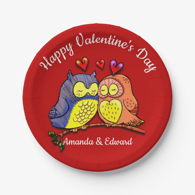 Valentine's Owls Couple Paper Plate (Front)