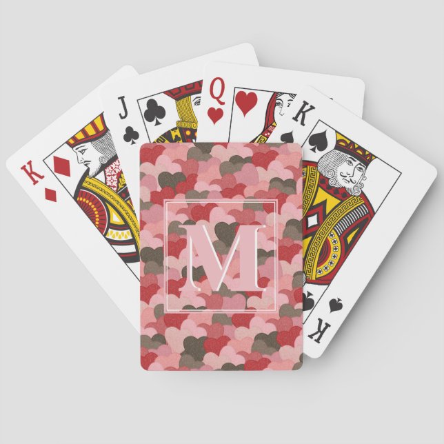 Valentines Paper Hearts Faux Camouflage Monogram Playing Cards (Back)