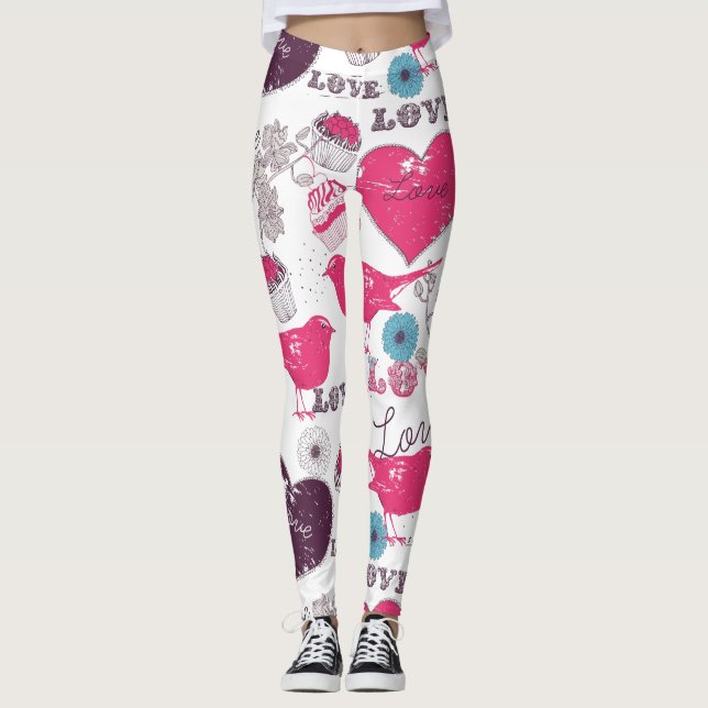 Valentines Pattern Red Hearts & Birds Leggings (Front)