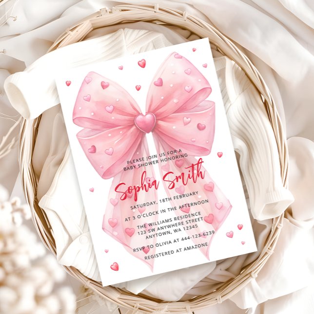 Valentines Pink Bow Hearts Baby Shower Invitation (Creator Uploaded)