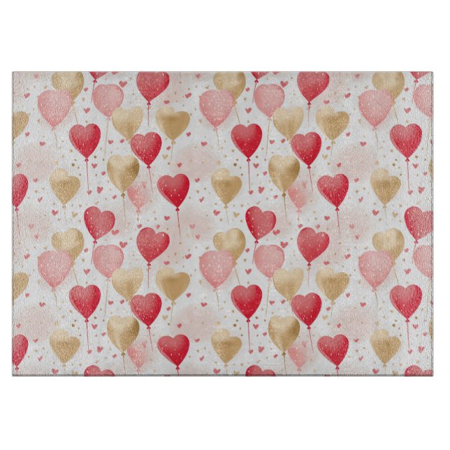 Valentine's Pink Red and Gold Heart Balloons  Cutting Board (Front)