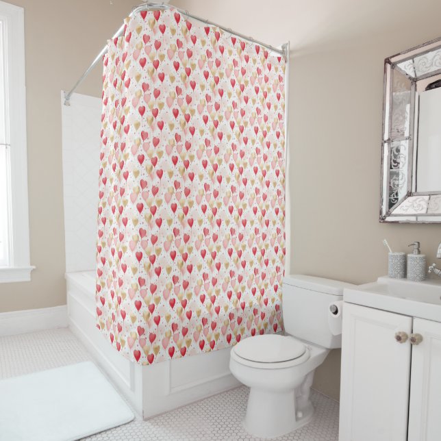 Valentine's Pink Red and Gold Heart Balloons  Shower Curtain (In Situ)