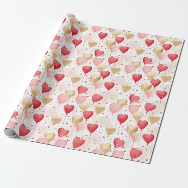 Valentine's Pink Red and Gold Heart Balloons  Wrapping Paper (Unrolled)