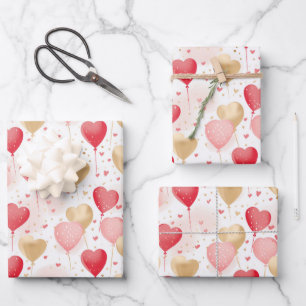 Valentine's Pink Red and Gold Heart Balloons Wrapping Paper Sheet