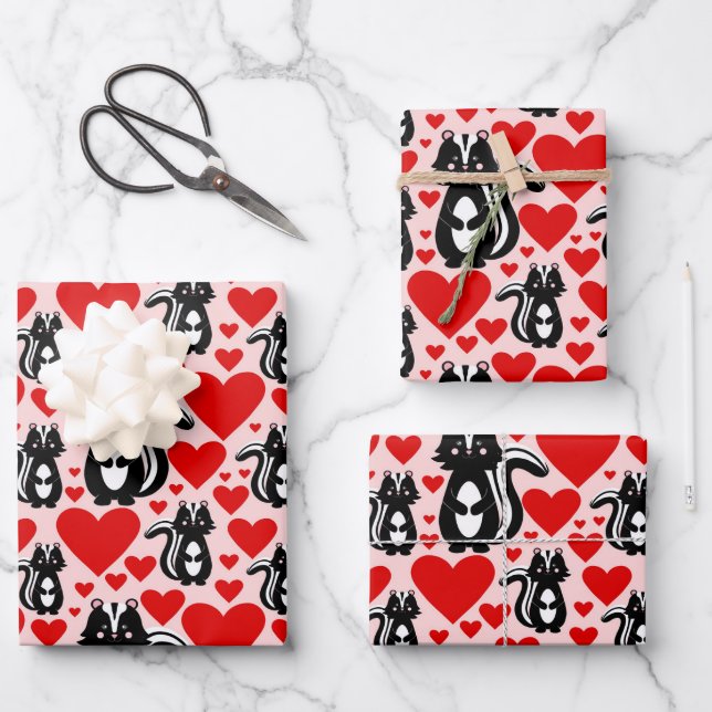 Valentine's Pink Skunk Heart Illustration Pattern Wrapping Paper Sheet (Front)