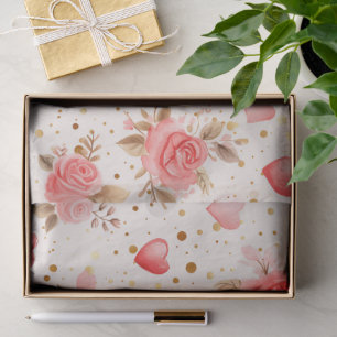 Valentine's Pink Watercolor Roses and Hearts  Tissue Paper