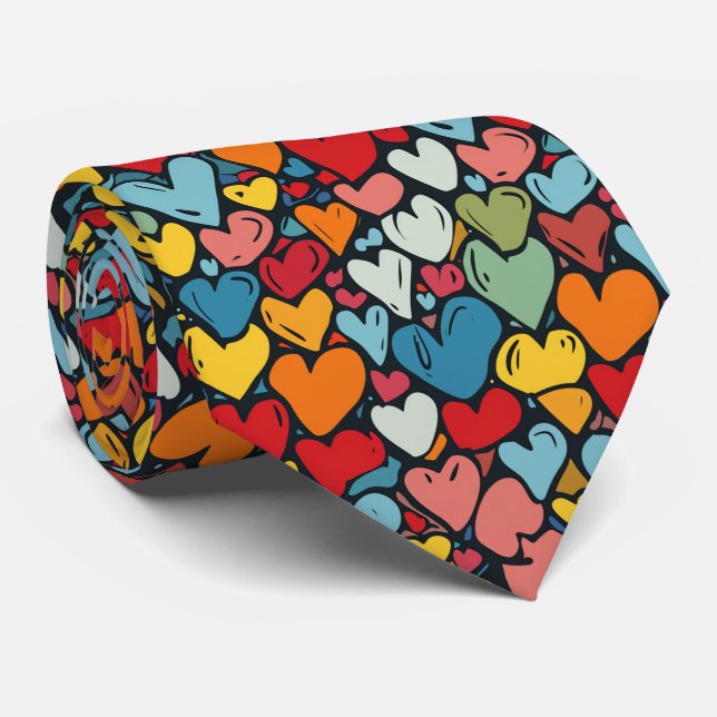 Valentine's Playful Multicolored Watercolor Hearts Tie (Rolled)