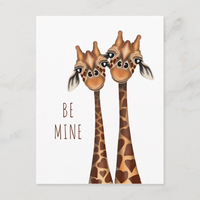Valentines Postcard - 'Be Mine' Loving Giraffes (Front)
