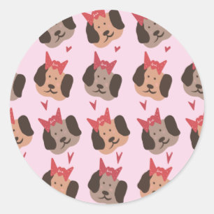 Valentines Puppies with Bows Heart Pattern Classic Round Sticker