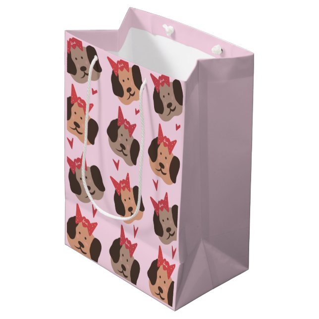 Valentines Puppies with Bows Heart Pattern   Medium Gift Bag (Front Angled)
