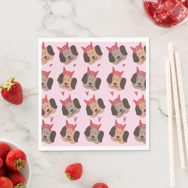 Valentines Puppies with Bows Heart Pattern Napkin (Insitu)