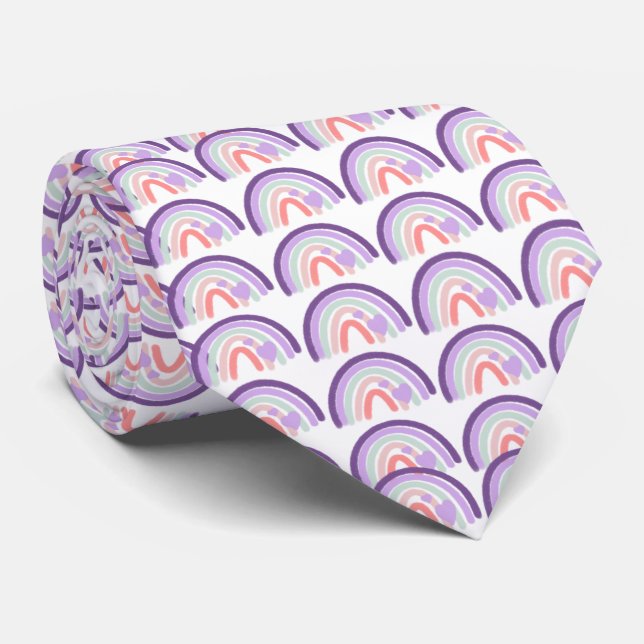 Valentines Purple Hand Drawn Rainbow Pattern   Tie (Rolled)